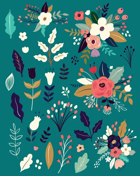 Hermosa Colección Flores Románticas Con Rosas Hojas Ramos Florales Composiciones — Vector de stock