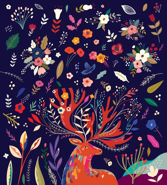 花と鹿との美しい春の創造的な芸術作品のイラスト — ストックベクタ
