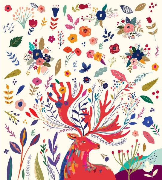 Όμορφη Άνοιξη Δημιουργική Τέχνη Εικονογράφηση Έργο Λουλούδια Και Ελάφια — Διανυσματικό Αρχείο
