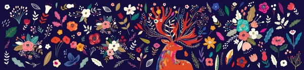 Vacker Vår Kreativ Samling Med Blommor Och Rådjur — Stock vektor