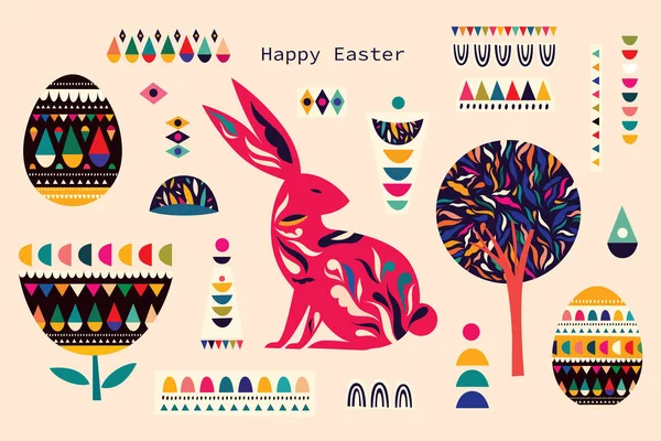 Kolorowa Kolekcja Zającem Pisankami Elementami Dekoracyjnymi Szczęśliwego Wielkanocnego Kartki Dekoracyjnym — Wektor stockowy