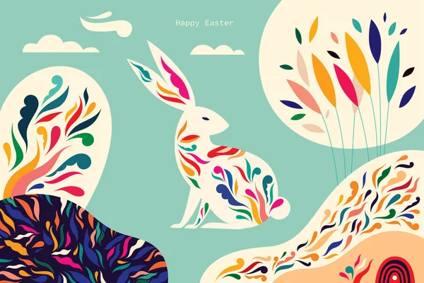 Ilustración Colorida Con Liebre Tarjeta Felicitación Feliz Pascua Con Conejito — Archivo Imágenes Vectoriales