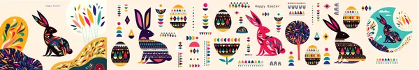 Coleção Páscoa Colorida Com Lebre Ovos Páscoa Elementos Decorativos Feliz — Vetor de Stock