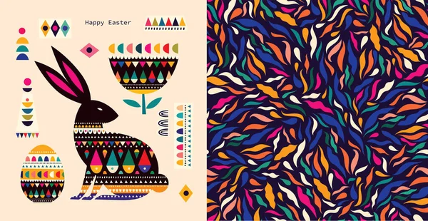 Colorful illustration with hare. Happy easter greeting card with decorative easter bunny