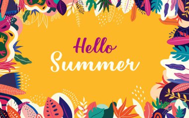 Merhaba Yaz Kartı. Tropikal yapraklar ve çiçeklerle yaz illüstrasyonu