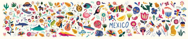 メキシコの大型コレクション メキシコの装飾ベクトルパターン 伝統的なシンボルや装飾要素を持つメキシコの地図 メキシコのシンボル — ストックベクタ