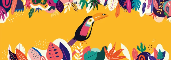 Vektor Färgglada Illustration Med Tropiska Blommor Blad Och Toucan — Stock vektor