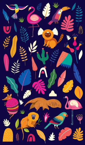 Tropikal Çiçekler Yapraklar Maymun Flamingo Kuşlarla Renkli Vektör Çizimi Brezilya — Stok Vektör