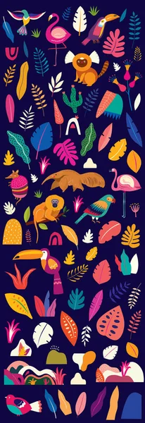 Illustration Vectorielle Colorée Avec Fleurs Tropicales Feuilles Singe Flamant Rose — Image vectorielle