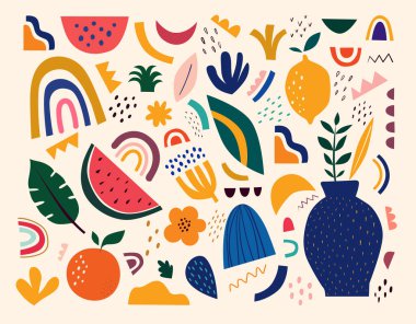 Meyveli ve soyut elementli şirin yay deseni. Renkli karalamalarla dekoratif soyut çizimler. El çizimi, çiçekli modern illüstrasyon, soyut elementler