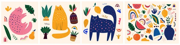 Lindo Patrón Primavera Con Gato Ilustración Abstracta Decorativa Con Garabatos — Vector de stock