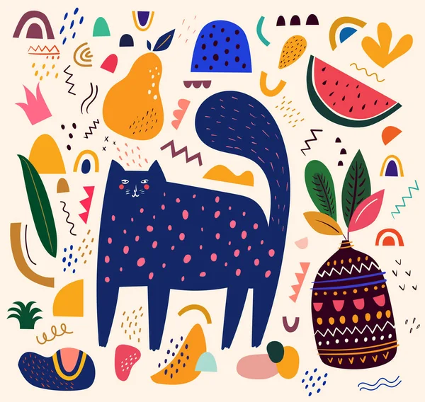Χαριτωμένο Μοτίβο Άνοιξη Γάτα Διακοσμητική Αφηρημένη Εικόνα Πολύχρωμα Doodles Χειροποίητη — Διανυσματικό Αρχείο