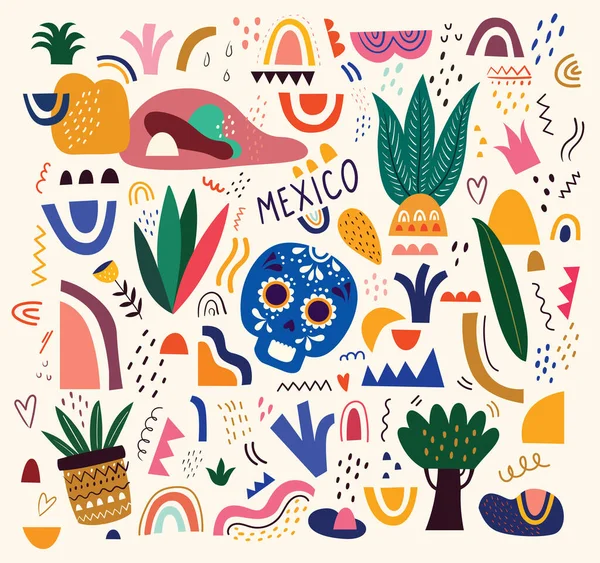 Motif Mexicain Avec Crâne Feuilles Cactus Éléments Abstraits Décoratifs — Image vectorielle