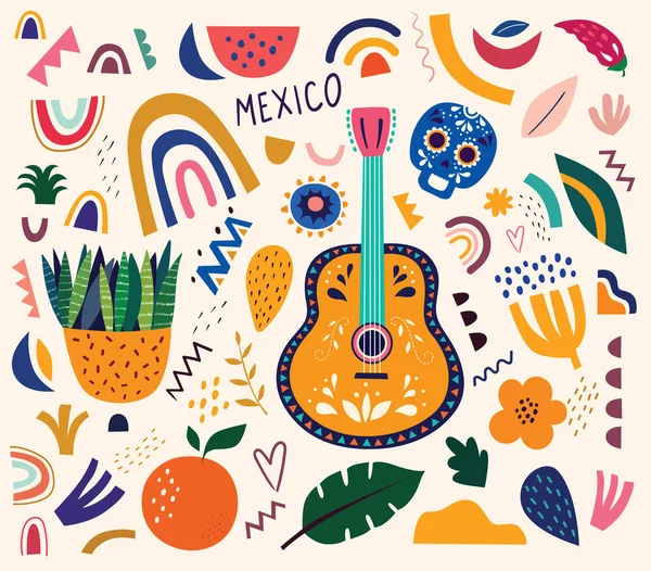 Pola Meksiko Dengan Gitar Tengkorak Daun Dan Elemen Abstrak Dekoratif - Stok Vektor