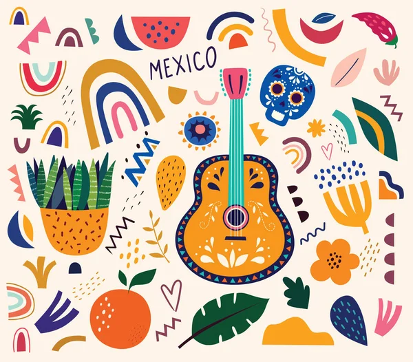 Patrón Mexicano Con Guitarra Calavera Hojas Elementos Abstractos Decorativos — Vector de stock