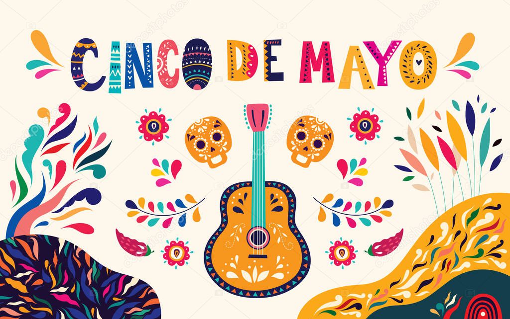 Beautiful vector illustration with design  for Mexican holiday 5 may Cinco De Mayo. Vector template with traditional Mexican symbols skull, Mexican guitar, flowers, red pepper