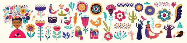 Prachtige Kleurrijke Cartoon Bloemencollectie Met Bladeren Bloemen Bomen Vogels Mexicaans — Stockvector