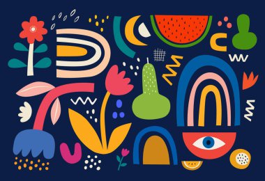 Tatlı yaz meyveleri, karpuz, armut, çiçek ve yapraklı renkli karalamalar koleksiyonu