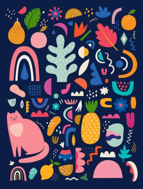 Kedili şirin bahar desenli koleksiyon. Renkli karalamalı dekoratif soyut yatay afiş. Kedileri, çiçekleri ve soyut unsurları olan el yapımı modern çizimler. Soyut seri