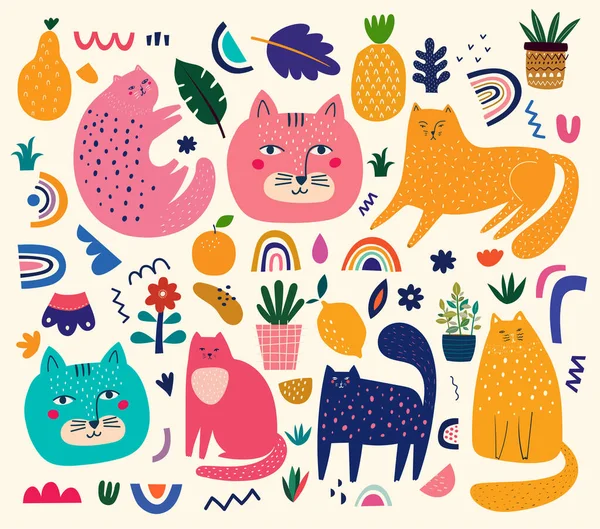 猫とのかわいい春のコレクション カラフルな猫と装飾抽象的な水平バナー 猫と花で手描きのモダンなイラスト — ストックベクタ