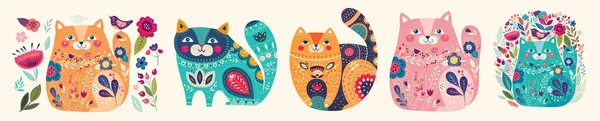 Милая Весенняя Коллекция Кошками Декоративный Абстрактный Горизонтальный Баннер Красочными Кошками — стоковый вектор