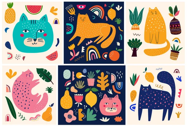 Cute Spring Collection Cats Decorative Abstract Posters Colorful Cats Hand — Stock Vector