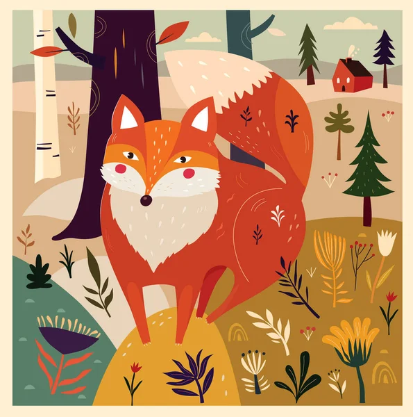 Ilustración Vectorial Con Zorro Bosque — Archivo Imágenes Vectoriales