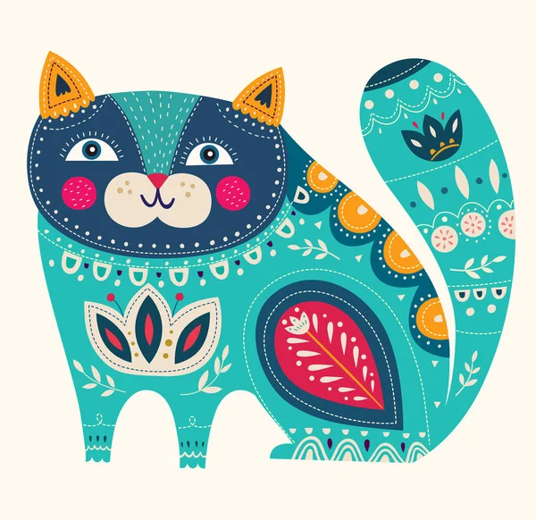 Linda Ilustración Primavera Con Gato Azul Decorativo — Vector de stock