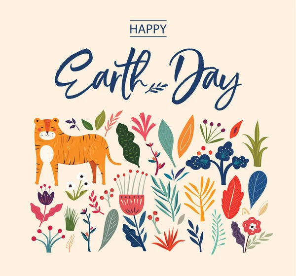 Иллюстрация Дня Земли Большая Векторная Красочная Летняя Коллекция Цветами Листьями — стоковый вектор
