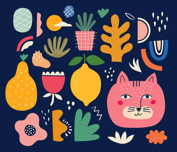 Kedili Şirin Bahar Desenli Koleksiyon Renkli Karalamalı Dekoratif Soyut Yatay — Stok Vektör