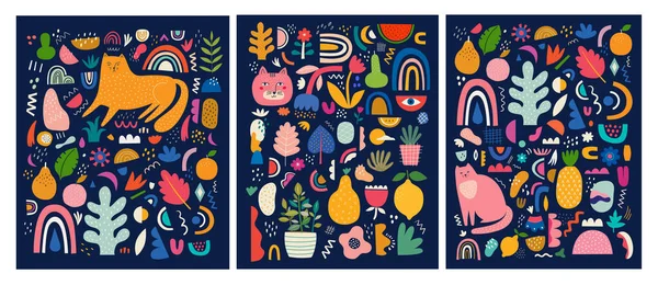 Kedili Şirin Bahar Desenli Koleksiyon Modern Posterler Renkli Karalamalarla Dekoratif — Stok Vektör
