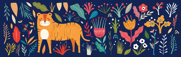 Collection Estivale Colorée Big Vector Avec Fleurs Feuilles Tigre Illustration — Image vectorielle