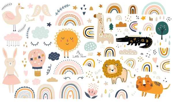 Baby animals . Vector illustration with animals and rainbows. Nursery baby pattern illustration