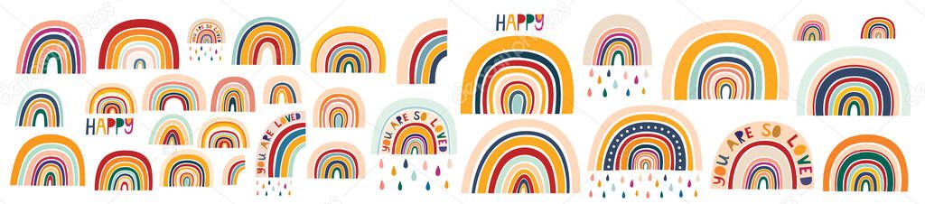 Decorative abstract art collection with modern rainbows. Hand-drawn modern vector illustration. Trendy colorful fresh summer decorative collection