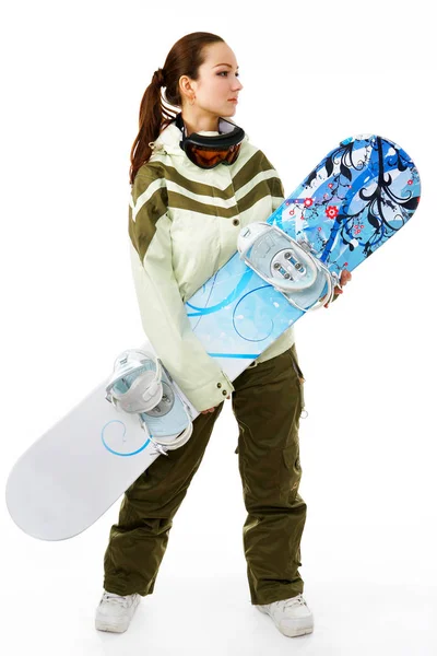 Donna Con Snowboard Isolato Bianco — Foto Stock