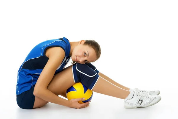 Junge Schöne Volleyballerin Isoliert Auf Weiß Atelier — Stockfoto