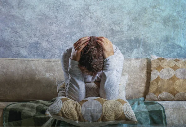 Young Sad Desperate Man Home Sitting Living Sofa Couch Holding — Stock Photo, Image