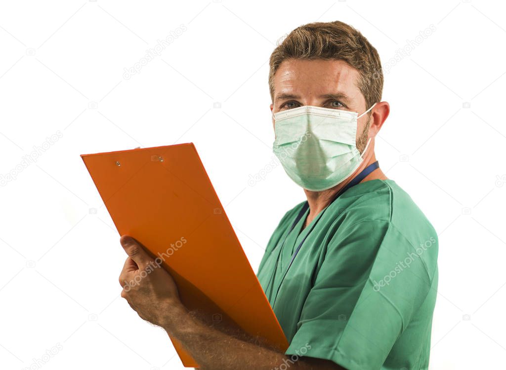 isolated portrait of young medicine doctor or nurse man in face mask holding clipboard medical paperwork on white background in health care and hospital attendant concept