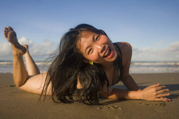 Natural Lifestyle Portrait Young Attractive Happy Asian Korean Woman Swimsuit — Stock Photo, Image