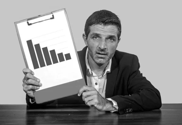 Depressed Worried Businessman Holding Clipboard Showing Graph Reporting Company Financial — Stock Photo, Image