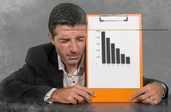 Depressed Worried Businessman Holding Clipboard Showing Graph Reporting Company Financial — Stock Photo, Image