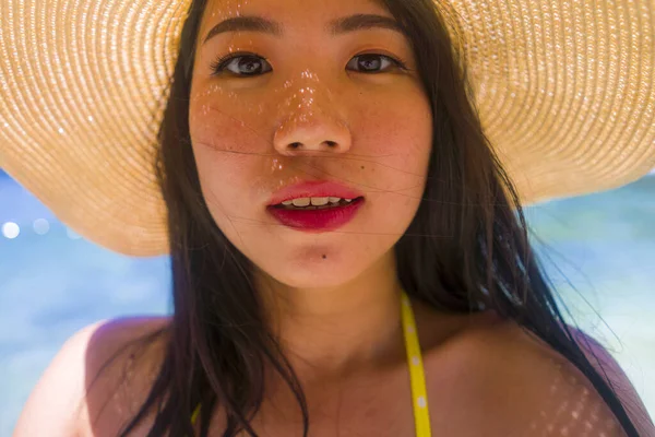 Gorgeous Portrait Young Happy Beautiful Asian Korean Woman Summer Hat — Stock Photo, Image