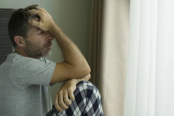 Dramatic Portrait Attractive Scared Depressed 40S Man Bed Pajamas Feeling — Stock Photo, Image