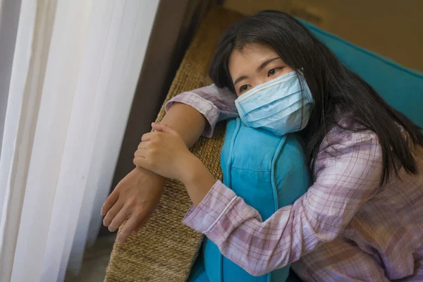 Quarantine Home Lockdown Young Beautiful Stressed Worried Asian Korean Woman — Stock Photo, Image