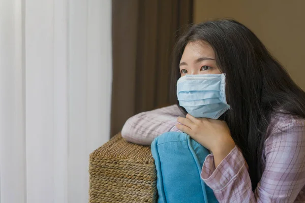 Quarantaine Verrouillage Maison Jeune Belle Femme Coréenne Asiatique Stressée Inquiète — Photo