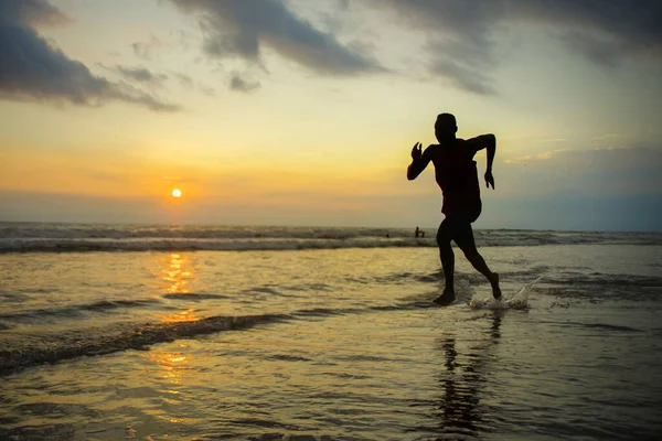 Silhouette Young Athletic Fit African American Sport Man Doing Running — Stock Photo, Image