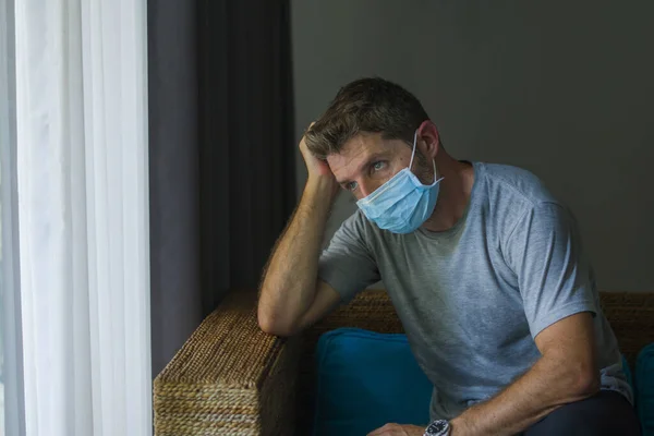 Covid Virus Lockdown Sad Worried Man His 30S 40S Covered — Stock Photo, Image