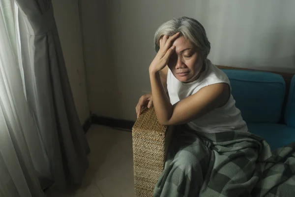 Attractive Sad Worried Mature Woman Living Room Couch Feeling Depressed — Stock Photo, Image