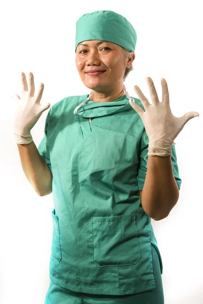 Зрелая Привлекательная Счастливая Медицина Врач Женщина Медсестра Медицинском Скрабе Латексные — стоковое фото