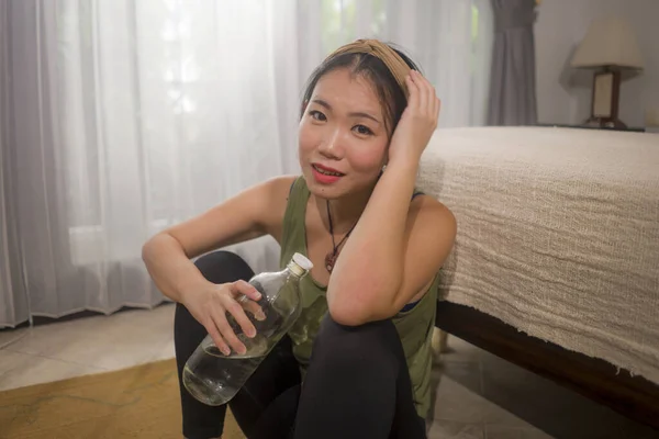 Asijské Dívka Dělá Fitness Doma Mladý Krásný Šťastný Korejský Žena — Stock fotografie